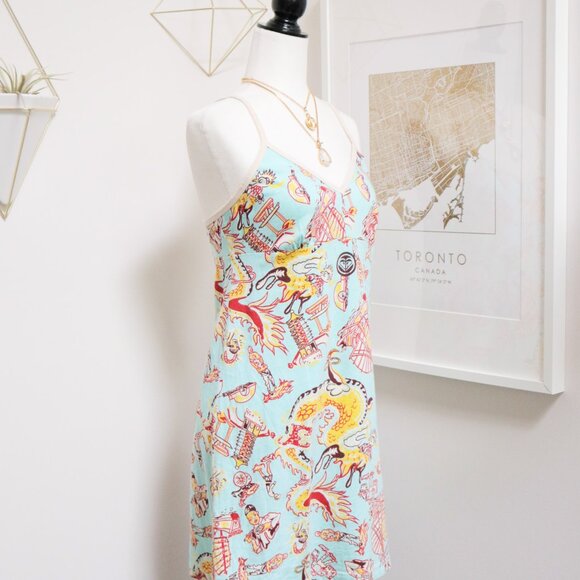 Y2K Asian Inspired Graphic All Over Print Spaghetti Strap Dress 🐉 ROXY - Picture 4 of 8